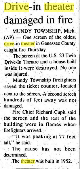 US-23 Drive-In Theater - MAR 22 1997 ARTICLE ON FIRE